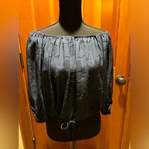 Stone Cold Fox Navy Off the Shoulder Cropped Blouse with drawstring hemline.